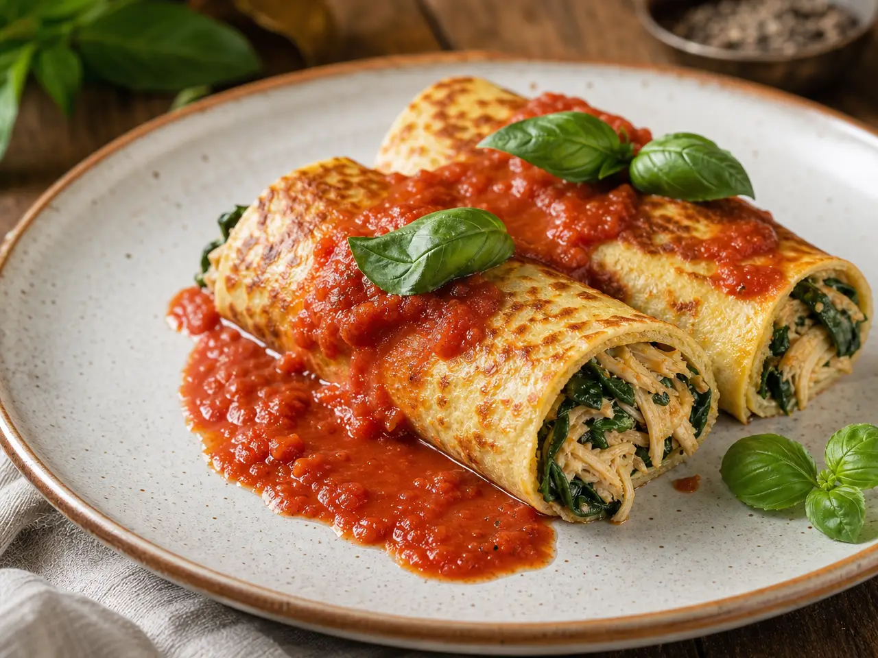 Panqueca Leve de Aveia e Ovos Recheada com Frango e Espinafre
